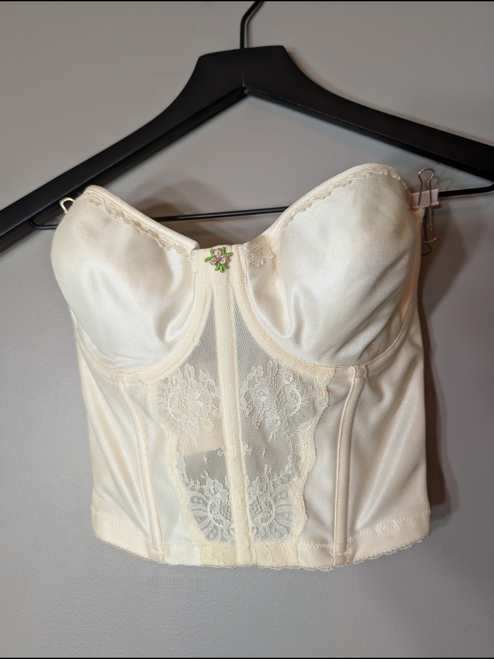 Ivory Lace Longline Bandeau Bustier with Floral Accent Vintage